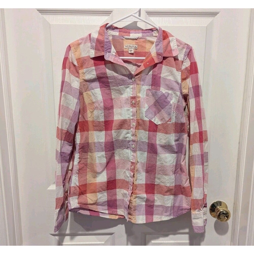 Coastal preppy Pink Plaid Button Up Shirt Merona Cotton Camping Medium